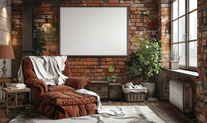 Rustic bedroom with a blank canvas on the wall