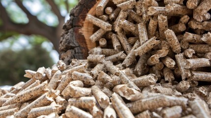 Tree trunk close up with wooden pellet in foreground representing transformation process