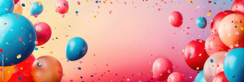 Poster colorful balloons and confetti fill the background, creating a festive atmosphere perfect for partie