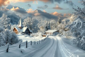 Snow covered road is leading to a small village in the mountains at sunset