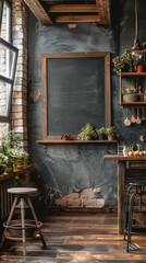 Cozy kitchen with an empty chalkboard on the wall