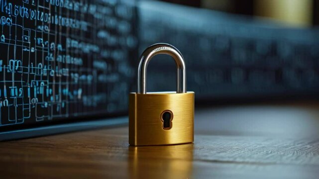 A gold padlock sits on a wooden table with an out of focus background containing blue numbers.