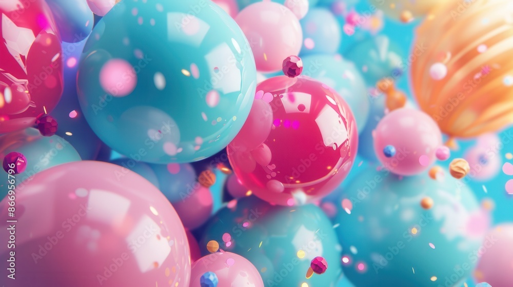 Poster a cheerful and celebratory background featuring a multitude of colorful balloons in various shapes, 
