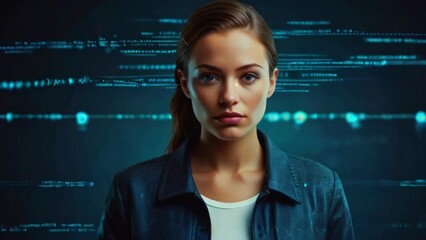 A young woman in a blue shirt is looking at the camera with a serious expression on her face. There is green code scrolling down the right side of the video scaning system - Powered by Adobe