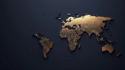 A minimalist design featuring a golden world map on a dark blue background. The map has highlighted routes, perfect for travel agencies and global booking services. Generative AI