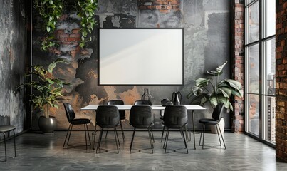 Industrial dining room with a blank frame on the wall