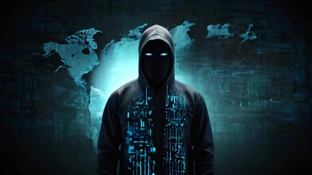 A person in a dark hoodie with a glowing green mask is standing in front of a world map made of glowing blue lines.