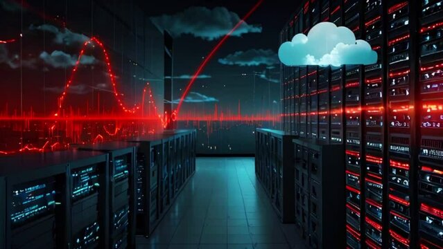 A dark room with rows of servers and a glowing blue cloud in the distance.