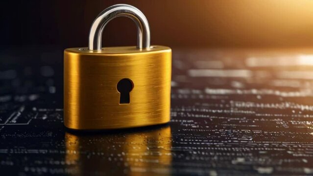 A shiny gold padlock sits on a black surface with yellow glowing code in the background.