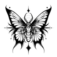 Obraz premium A black and white butterfly with a large head and antennae. The butterfly is surrounded by a diamond shape