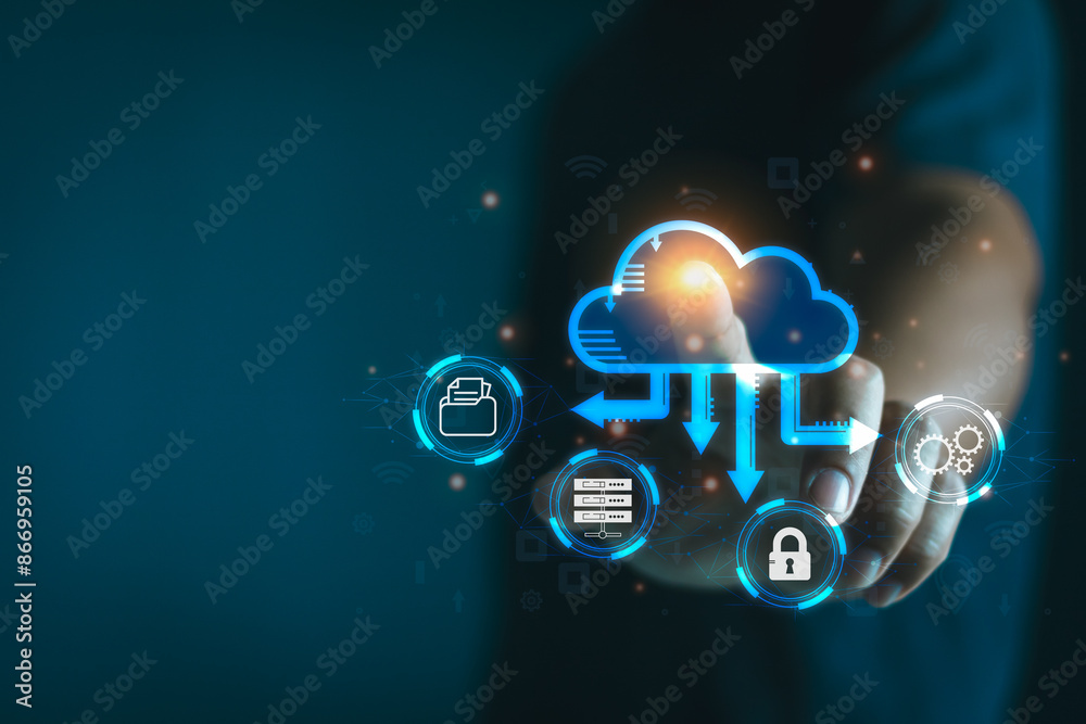 Fototapete Tech Consultant pointing to cloud computing diagram. Cloud technology, Data storage, Online data management system, information system for business, Networking and internet service concept. Cloud tech