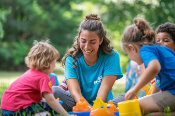 Kids playing activities at a summer camp, making the most of their free time with fun-filled activities organized by camp counselors, ensuring a memorable experience