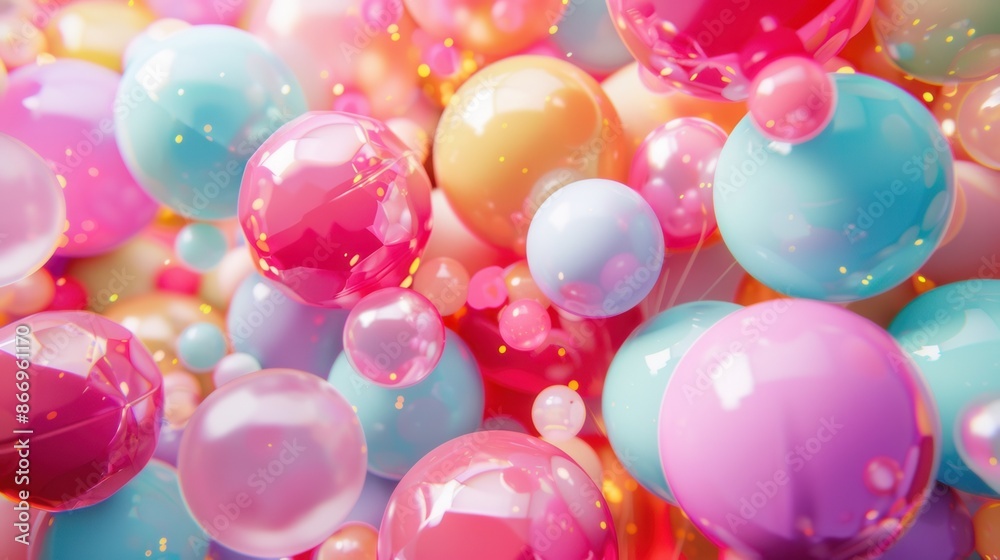 Poster a vibrant and festive background featuring a cluster of colorful balloons in different shapes, perfe