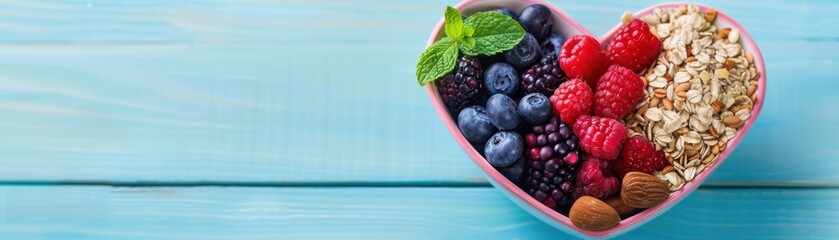 Heart-shaped bowl with fresh berries, nuts, and granola on a rustic blue wooden table, symbolizing healthy eating and balanced nutrition.