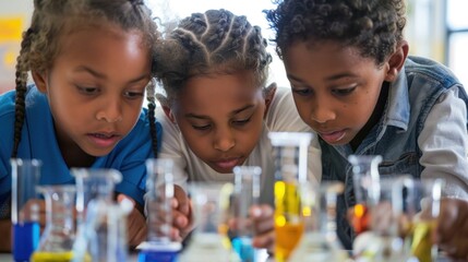 Three children are looking at a table full of glass beakers and test tubes. They are all wearing blue shirts