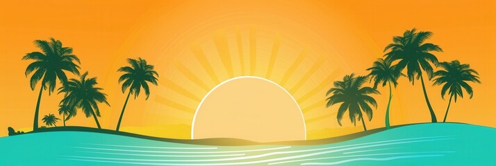 A vibrant sunset over a tropical beach with silhouetted palm trees. Generative AI