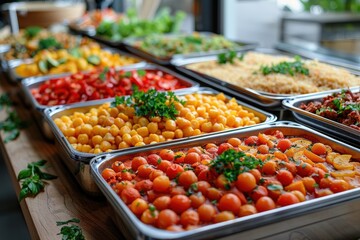 A vibrant buffet spread displaying assorted colorful dishes, vegetables, and herbs, appealing to health-conscious diners and gastronomic enthusiasts, arranged beautifully.