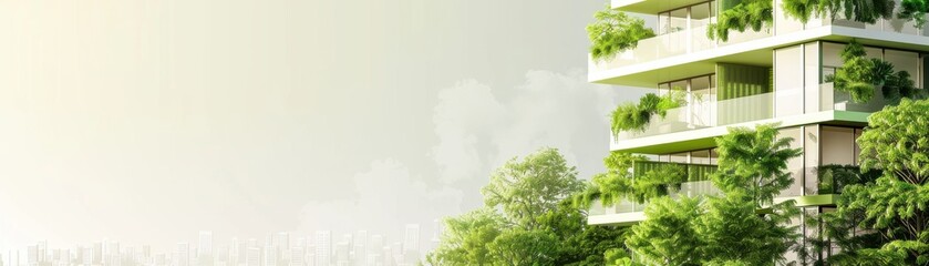 Fototapeta premium Modern apartment building with lush green balconies against a clear sky, representing urban living and sustainable architecture.