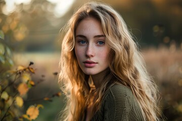 Naklejka premium Portrait of a beautiful young woman with long blonde hair and freckles enjoying a sunny autumn day