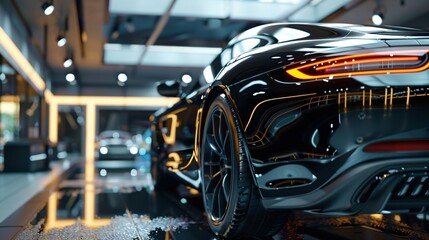 Obraz premium A sleek black sports car reflecting lights in a modern garage, embodying luxury and high performance. 