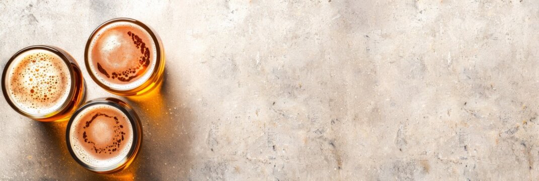 Horizontal banner. International Beer Day. Glasses of cold light beer with foam on a white background. Top view. Free space for text, copy space