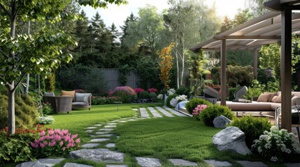 Obraz premium A beautifully landscaped backyard with a lush lawn, stone pathways, and a covered patio featuring comfortable seating