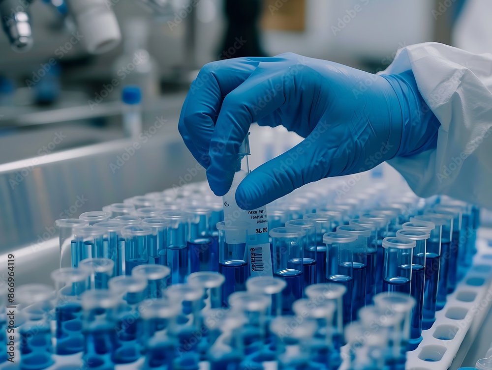Poster close-up of a scientist's hand holding a test tube in a lab