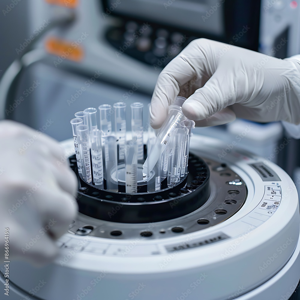 Poster close-up of lab technician working with test tubes