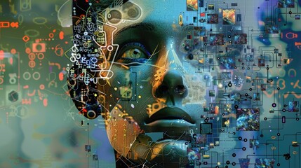 The image shows a face of AI robot, it is made of many pixels, the background is dark with many square pixels.