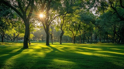 Naklejka premium A serene city park bathed in the soft glow of sunrise. Lush green trees stand tall, their shadows stretching across the manicured lawn