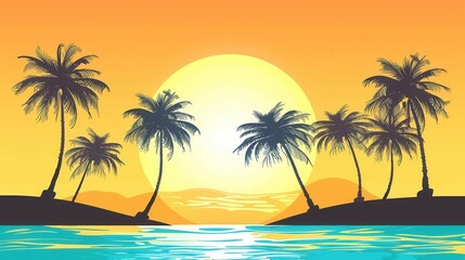 Fototapeta premium A vibrant and minimalist illustration of palm trees silhouetted against a sunset over a beach. Generative AI