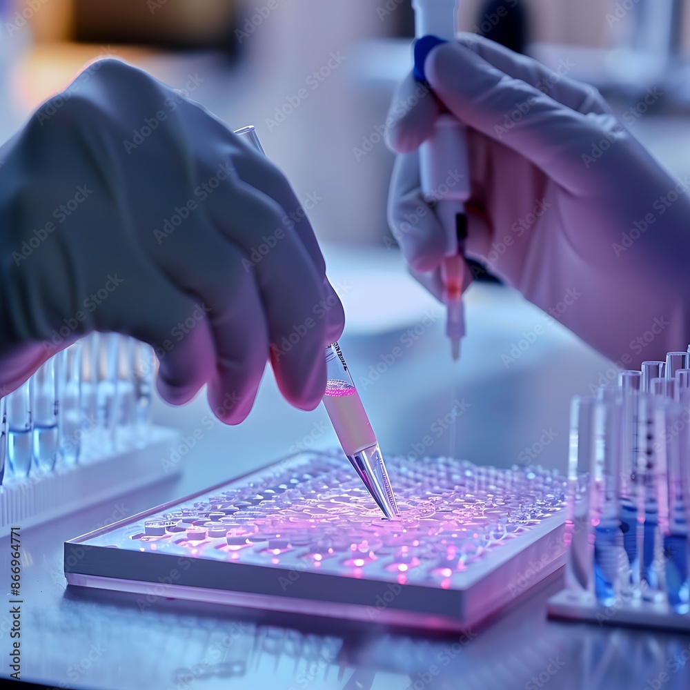 Poster close-up of scientist's hands pipetting liquid into a microplate