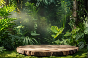  Background podium jungle product platform 3D green wood display pedestal. Background podium jungle tree nature leaf tropical cosmetic summer forest plant garden stage water presentation stone table. 