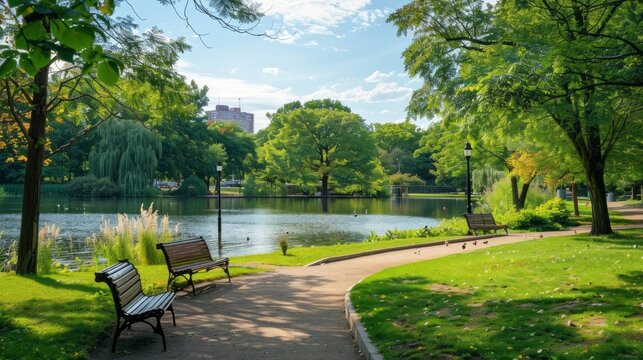 A serene city park scene with a pond, lush greenery, and a winding path. Two benches sit invitingly by the waters edge, offering a peaceful retreat from the bustling city