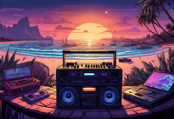 Nostalgic retro sunset, waves, palm trees, old music player, creating a peaceful beach atmosphere, old school music vibe.