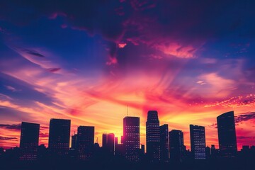 Fototapeta premium A dramatic sunset paints the sky with vibrant colors as skyscrapers stand tall in silhouette against the backdrop. Generative AI
