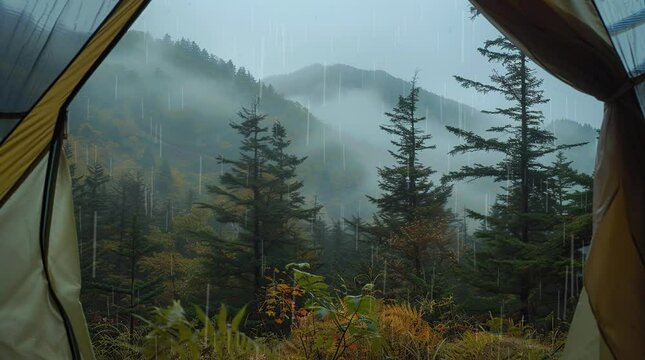 Rain in misty forest. Moody atmosphere of rainfall in a dense woodland.
 Seamless looping 4k time-lapse virtual video animation background. Generated AI