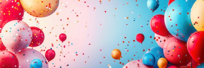 A joyful and festive image featuring colorful balloons and confetti, perfect for companies organizing parties and selling celebratory goods. Generative AI
