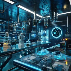 High-tech laboratory with advanced gadgets and holograms super advanced