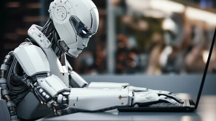 A robot sitting at a desk and working on a laptop. Concept of modern technologies and artificial intelligence. High quality 4k footage