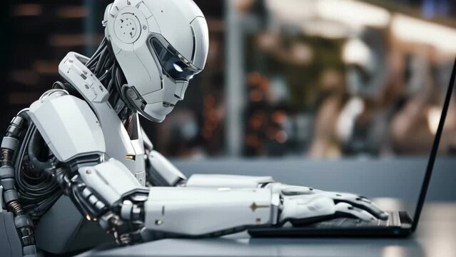 A robot sitting at a desk and working on a laptop. Concept of modern technologies and artificial intelligence. High quality 4k footage