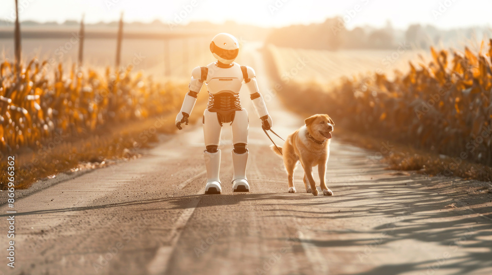 Poster A white humanoid robot walks a golden retriever on a leash down a paved road lined by rows of corn. The sun is setting in the background, casting a warm glow on the scene