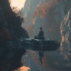 Meditation on the rock and lake nearby