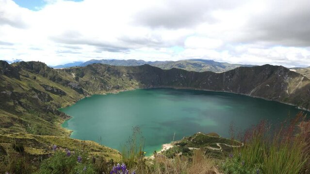 panoramic view of stunning Quilotoa volcano lagoon (3,914 m) in ecuadorian Andes