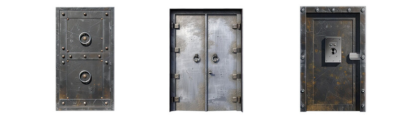Security Steel Doors, Featuring Residential, Industrial, and Vault Doors Shot From Multiple Angles. Isolated on a Transparent Background. Cutout PNG.