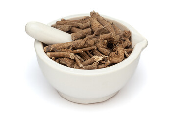 Close-up of Dry Organic Wild Castor or Dantimool (Baliospermum Montanum) herb, in white ceramic mortar and pestle, isolated on a white background.