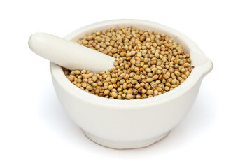 Close-up of Dry Organic Coriander (Coriandrum sativum) seeds, in white ceramic mortar and pestle, isolated on a white background.