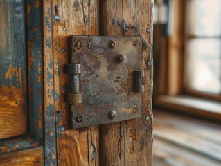 Close-up of an old rusty lock on a wooden door. AI.