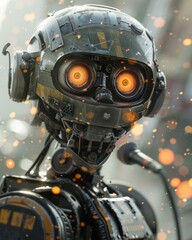 Fototapeta premium A close-up of a robot's head with glowing eyes. AI.