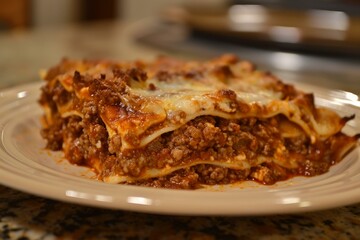 Close up view of a delicious lasagna, featuring layers of pasta, meat sauce, and melted cheese